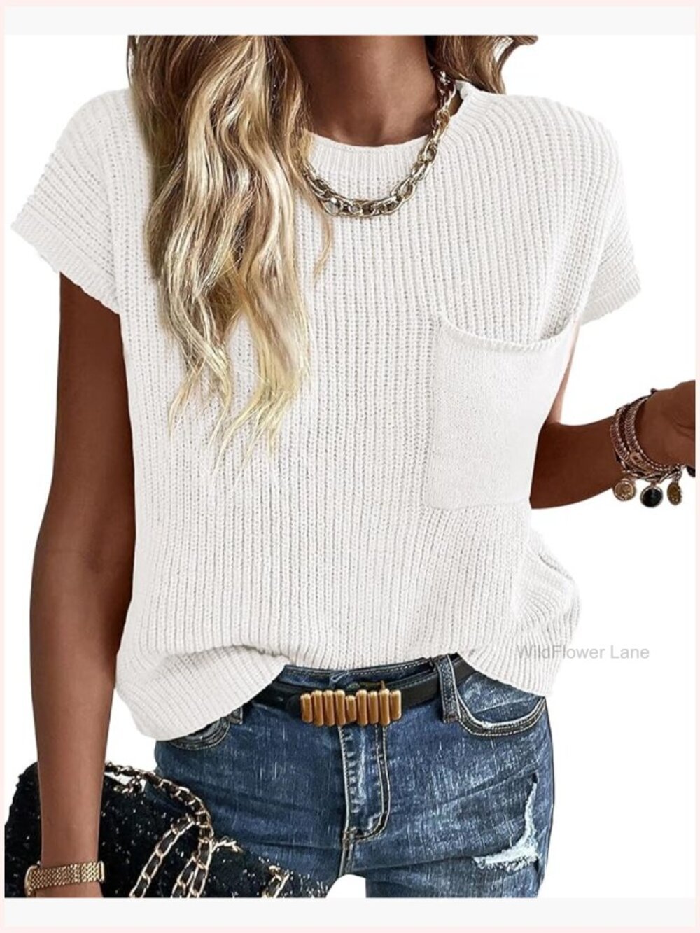 Casual Cap Sleeve Knit Pullover Sweater for Women Loose Fit